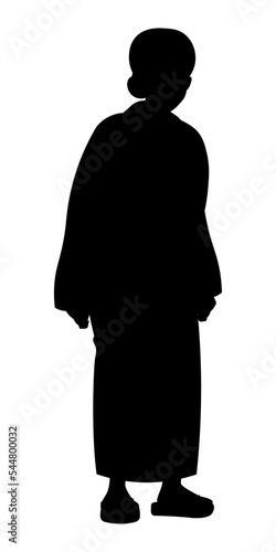 Elderly woman silhouette. Japanese granny's silhouette. Hunched grandma. Black vector silhouette of old lady. Senior woman wear Japanese footwear - Geta and kimono. Senior dame figure.