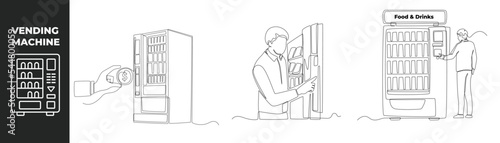 Continuous one line drawing vending machine set concept. Businessman use vending machine for buying food and drinks. Automatic machines dispensing. Single line draw design vector graphic illustration.