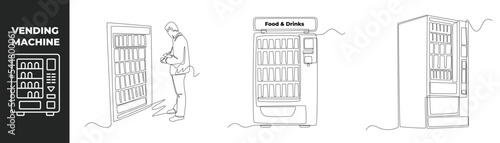 Continuous one line drawing vending machine set concept. Businessman use vending machine for buying food and drinks. Automatic machines dispensing. Single line draw design vector graphic illustration.
