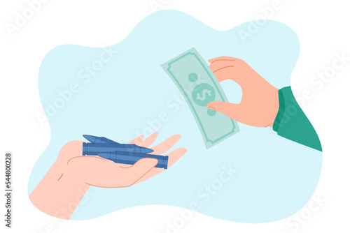 Human hands trading gun bullets for cash money. Buying and selling weapons and military products by people flat vector illustration. Trade, army concept for banner, website design or landing web page
