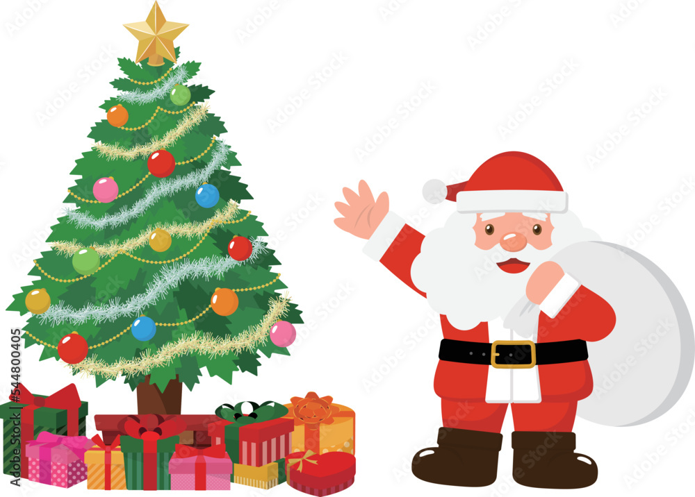 Fototapeta premium サンタクロースとクリスマスツリーと沢山のプレゼントが描かれたベクターイラスト素材