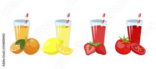 Fruit lemonade vector set. Cartoon illustrations of glasses filled with bright fruit lemonade and whole fruit in front of it isolated on white background. Drink, beverage concept.