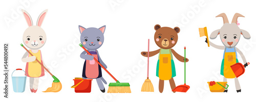 Cute animals in aprons with cleaning items vector set. Cartoon illustration of animals with smile wearing aprons holding floor mops and brooms isolated on white background. Cleanup, childhood concept.