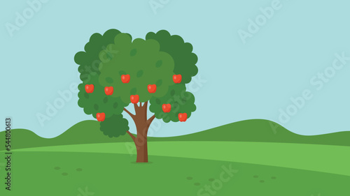 An apple tree with red apples grows in a clearing