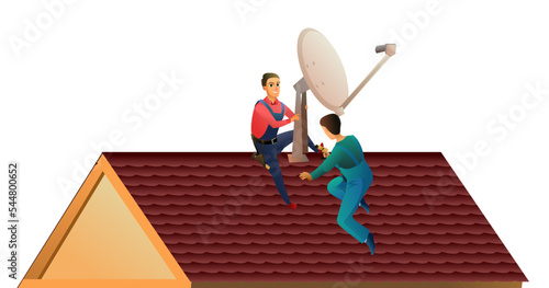 Workers work on roof. Two workers install a satellite dish on the roof. Antenna for television and internet. Service illustration Isolated on white background. Vector.