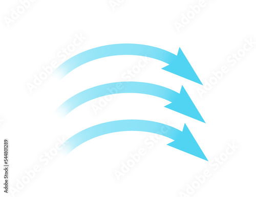 Air flow. Blue arrow showing direction of air movement. Wind direction arrow. Blue cold fresh stream from the conditioner. Vector illustration isolated on white background.