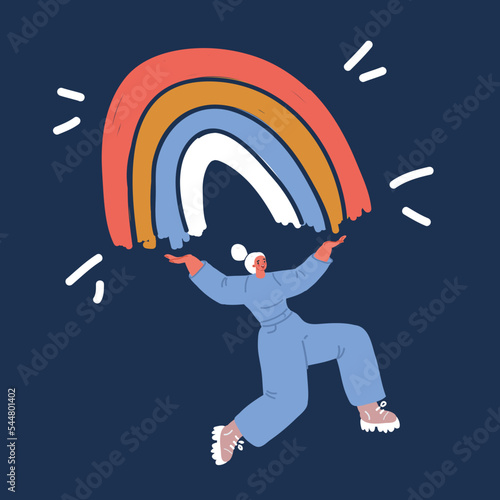 Cartoon vector illustration of Happy woman hold in her arms the rainbow. Smiled girl creates good vibe around her. Smiling female character enjoys her freedom and life.