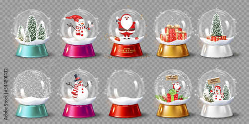 Set of transparent Snow Globes with Santa Claus, Snowman, snow, fir trees, gifts and empty, isolated. For dark background.