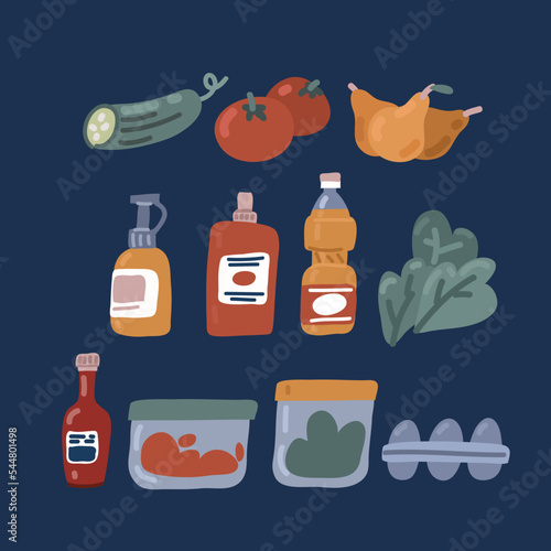 Cartoon vector illustration of grossery icon set. Food. Cucumber, pear, tomato, mustard, ketchup, gray containers, lettuce, soy sauce, eggs, sunflower oil. Products from the refrigerator