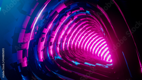 Flying inside a blue tunnel with a red glow. 3D rendering illustration.