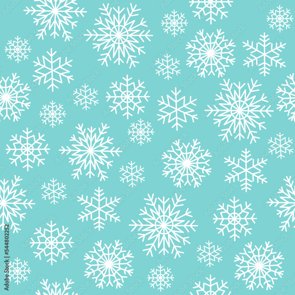Seamless pattern of snowflakes. White snow, winter symbol. Xmas or new year decoration. Hand drawn vector illustration isolated on blue background in modern flat cartoon style. Seamless pattern of snowflakes. White snow, winter symbol. Xmas or new year decoration. Hand drawn vector illustration isolated on blue background in modern flat cartoon style.