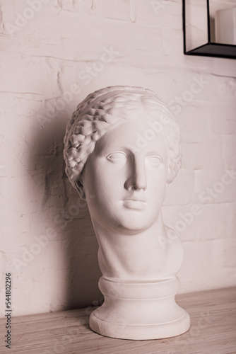 Plaster head of the statue against the background of a white brick wall
