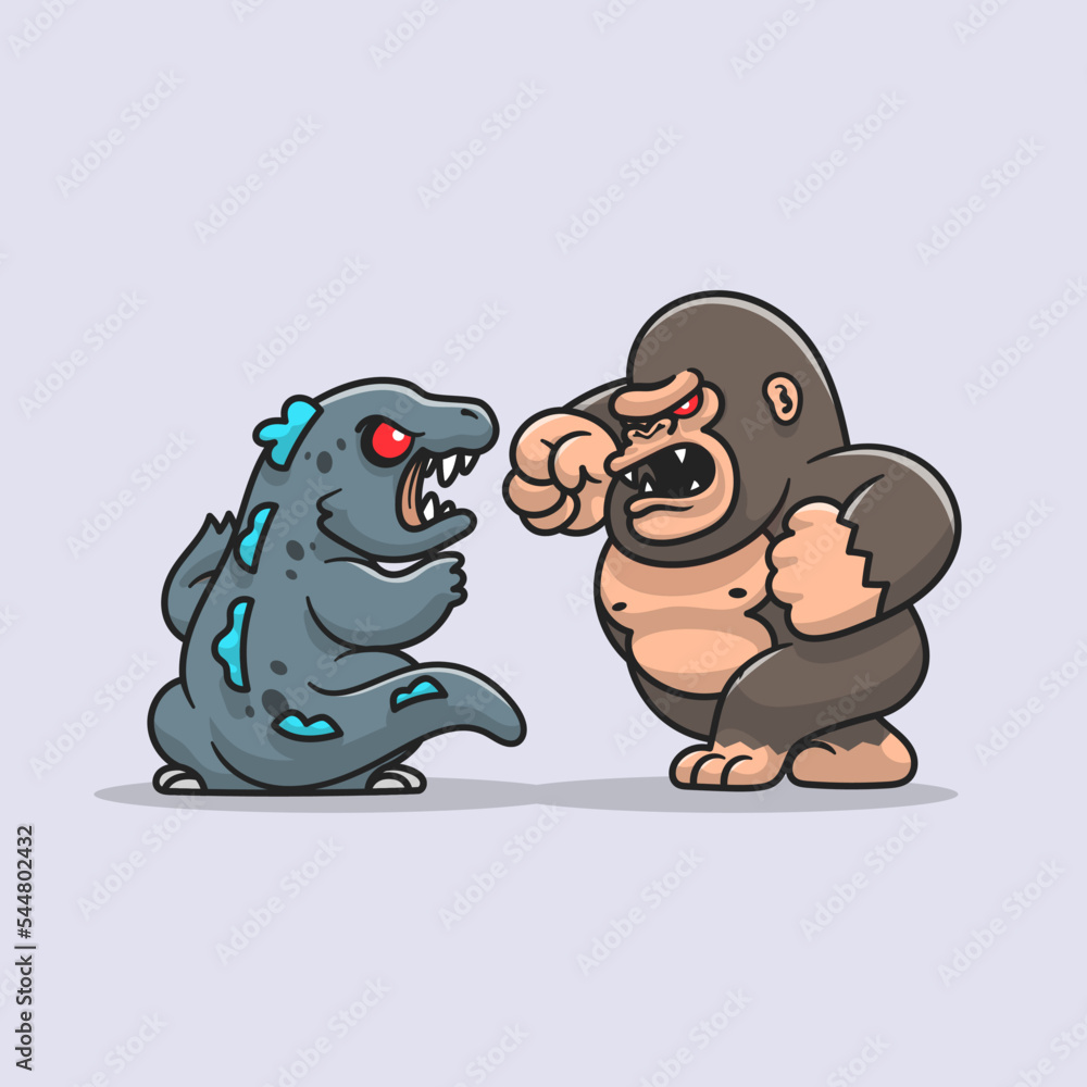 Stockvector Cute Kong Fight Godzilla Cartoon Vector Icon Illustration ...
