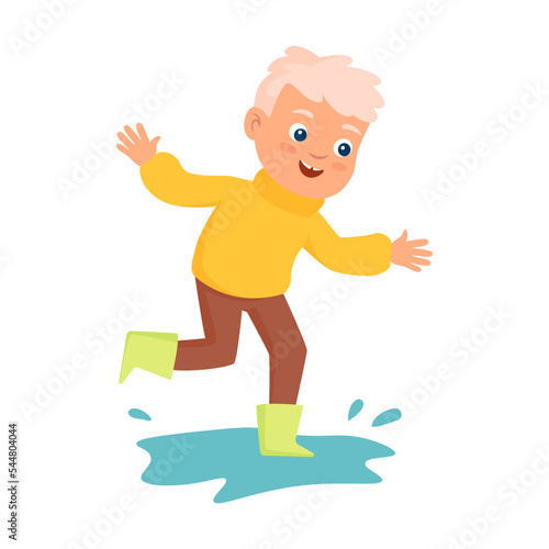 Cute cartoon children jumping in puddles in boots in autumn flat vector illustration. Little kid in warm clothes isolated on white background