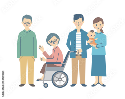 車椅子の介護者と家族