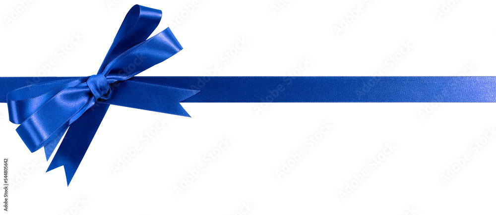 Blue gift bow ribbon horizontal straight banner isolated transparent  background photo PNG file Stock Photo