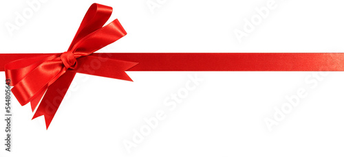 Red christmas gift ribbon and bow straight horizontal banner isolated transparent background photo PNG file