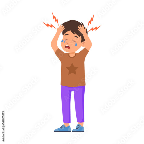 boy with severe headache. Cute children as medical patient vector illustration. Disease symptoms cartoon kid on white background. Health