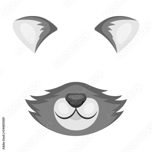 Animal face mask of gray cunning raccoon for video and photo. Vector illustration of selfie filters with ears and nose. Cartoon funny muzzle isolated on white