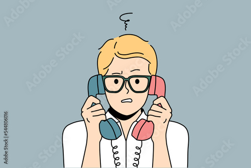 Confused man with landline phones headsets feel frustrated talking. Distressed guy in glasses shocked speaking on corded telephone. Vector illustration. 