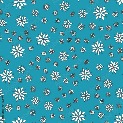 Pattern with white flowers. Blue background. A simple vector. Background seamless texture for scrapbooking and textiles.