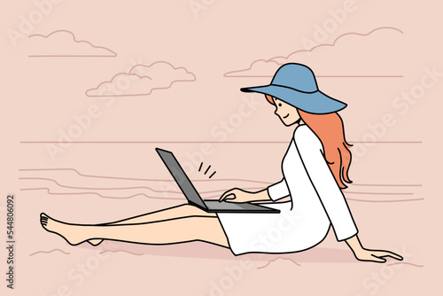 Smiling young woman relax on beach working on laptop. Happy female sit on seashore browse internet on computer freelancing on summer vacation. Vector illustration. 