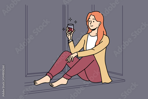Happy young woman sit on windowsill at home relax with glass of red wine. Smiling girl rest indoors on weekend with drink. Relaxation. Vector illustration. 