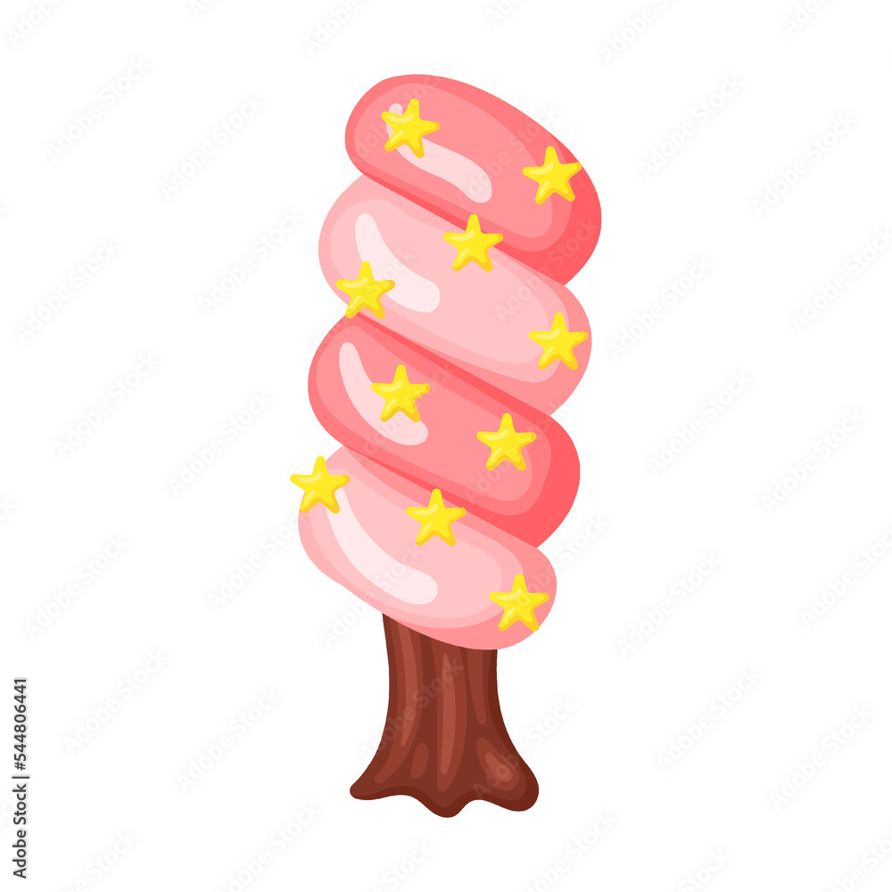 Candie in shape tree floral marshmallow with candy stars, vector illustration. Fantasy land caramel and chocolate desserts, cupcakes, biscuit Candie in shape tree floral marshmallow with candy stars, vector illustration. Fantasy land caramel and chocolate desserts, cupcakes, biscuit