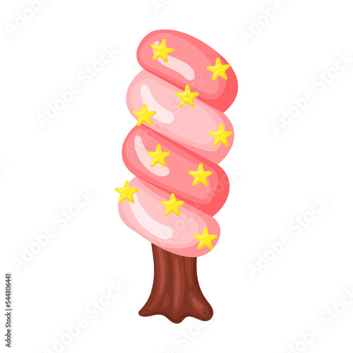 Candie in shape tree floral marshmallow with candy stars, vector illustration. Fantasy land caramel and chocolate desserts, cupcakes, biscuit