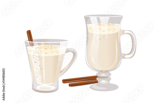 Tom and Jerry cocktail with cinnamon sticks.Traditional winter, warm Christmas cocktail.Vector illustration.