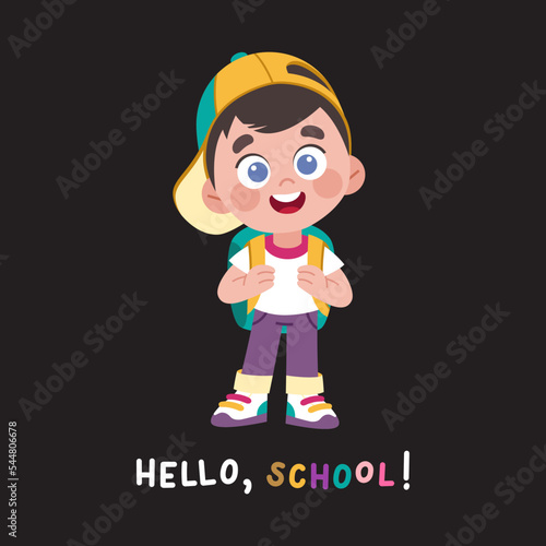 Cute little school boy with backpack. Vector cartoon character with 1 September and school theme. Smiling kid with a cap in street style.