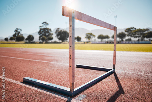 Papier peint Empty stadium, field and running hurdle or barrier at outdoors race track