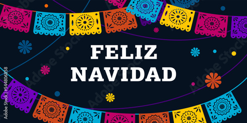 Feliz navidad. Mexican christmas banner, vector illustration. Poster, card for social media, networks with copy space. Text in Spanish merry Christmas, garlands of flags on black background.