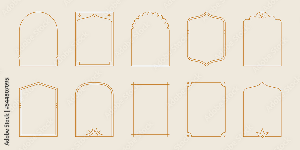 Boho mystic arch frame set. Minimal line style arch, oval shape boho frame with star, geometric element for badge, logo design. Vector illustration. - obrazy, fototapety, plakaty 