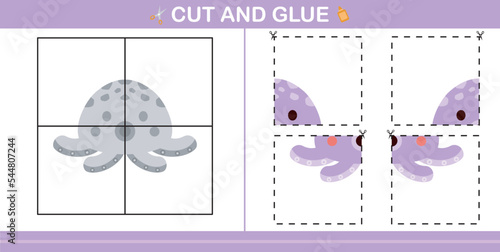 cartoon cute octopus .education paper game for kindergarten and preschool.cut and glue game