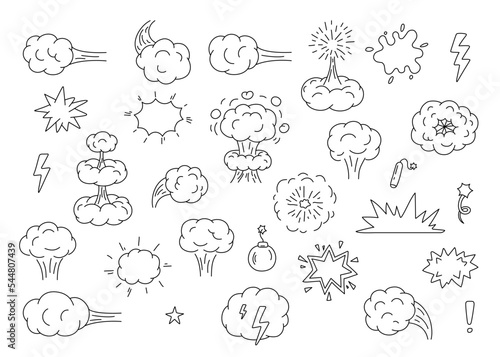 Explosion, bomb, boom, doodle line set. Hand drawn element splash, crack, pow, crash, war, burst with smoke of cloud. Collection outline sketch. Vector illustration