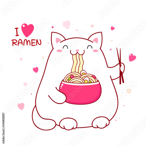 Cute white cat eat ramen noodles. Inscription I love ramen. Kawaii fat kitty are happy to eat noodles