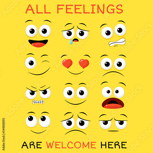 All feeling are welcome here. Vector banner with affirmation for kids playroom. Cute inspirational card with emojis and lettering. Motivational quote for poster, nursery, t-shirt. Vector EPS8