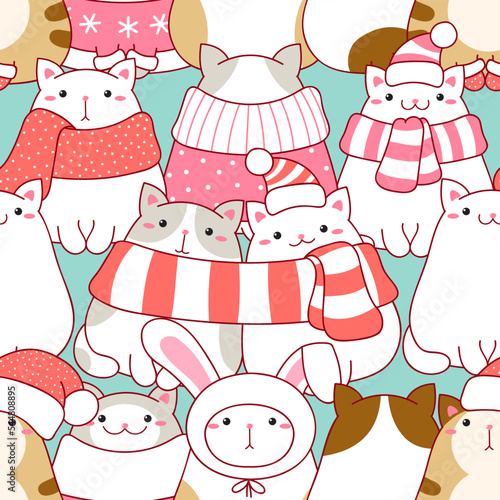 Seamless Christmas patterns with  cute fat cats in scarves and hats. Endless texture can be used for wallpaper, pattern fills, web page background, surface textures. Vector illustration EPS8