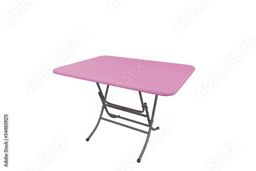 Pink folding table the legs of the table are steel frames in the yellow room. 3D mock up object. 3DRender illustration.
