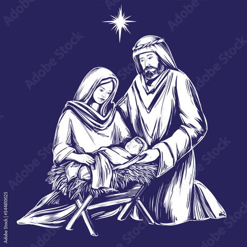 Merry Christmas. Christmas story. Mary, Joseph and the baby Jesus, Son of God , symbol of Christianity hand drawn vector illustration