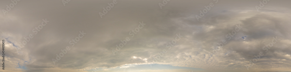 Fototapeta premium Overcast sky panorama on rainy day with Nimbostratus clouds in seamless spherical equirectangular format. Full zenith for use in 3D graphics, game and for aerial drone 360 degree panorama as sky dome.