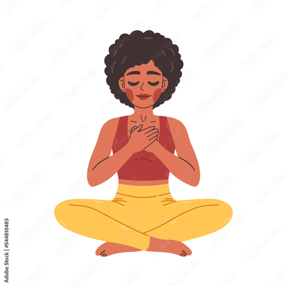Young black woman in yoga lotus pose hands on chest. Meditating girl illustration. Yoga woman, meditation, anti-stress Young black woman in yoga lotus pose hands on chest. Meditating girl illustration. Yoga woman, meditation, anti-stress