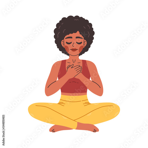 Young black woman in yoga lotus pose hands on chest. Meditating girl illustration. Yoga woman, meditation, anti-stress