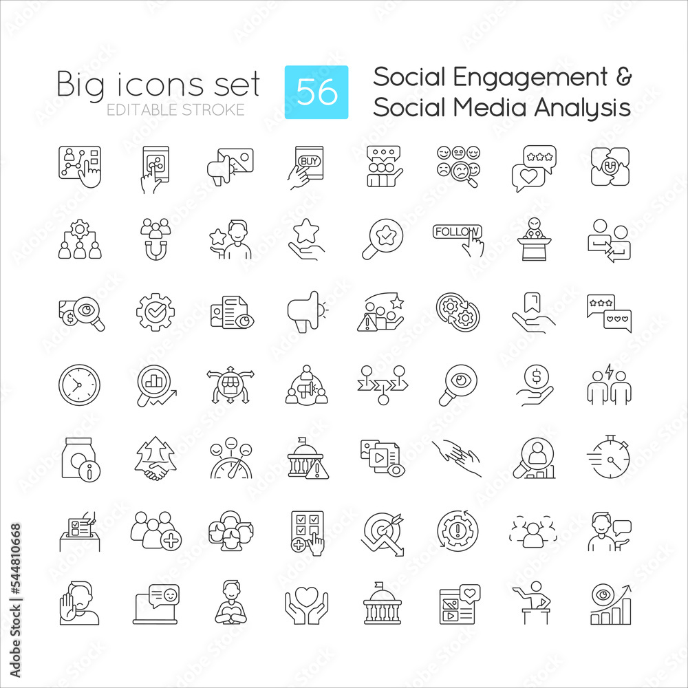 Social media engagement linear icons set. Target audience involvement. Users analysis. Customizable thin line symbols. Isolated vector outline illustrations. Editable stroke. Quicksand-Light font used