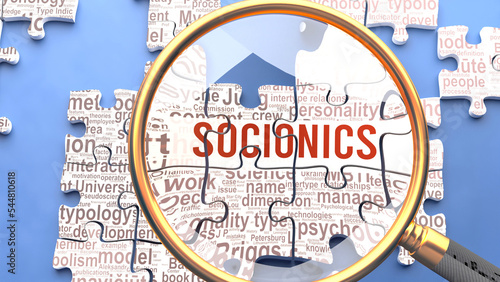 Socionics as a complex and multipart topic under close inspection. Complexity shown as matching puzzle pieces defining dozens of vital ideas and concepts about Socionics,3d illustration photo