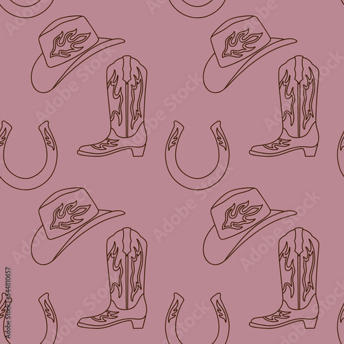 Cowboy western boho vector seamless pattern with cowboy boot and hat, horseshoe