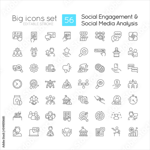 Social media engagement linear icons set. Target audience involvement. Users analysis. Customizable thin line symbols. Isolated vector outline illustrations. Editable stroke. Quicksand-Light font used