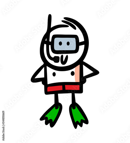Vector doodle image of cartoon boy diver in swimming mask and flippers.