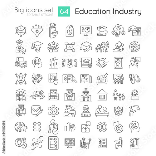 Education industry linear icons set. Specific knowledge. Learning process. Customizable thin line symbols. Isolated vector outline illustrations. Editable stroke. Quicksand-Light font used